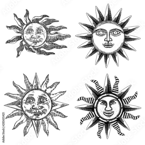 Set of hand drawn antique style sun with face of the human like. Anthropomorphic flash tattoo or print design Vector.