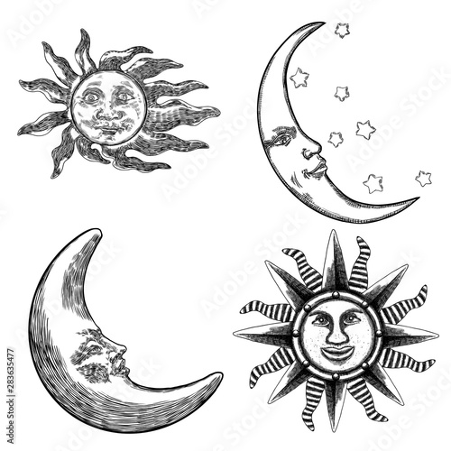 Set of hand drawn art sun and crescent moon with human face. Flash tattoo design. Antique style design, isolated on white background. Vector