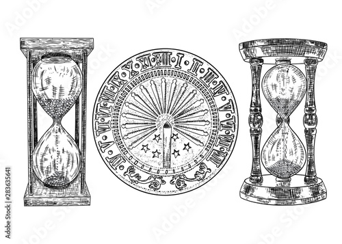 Set of sundial or sun clock and hourglass or sand clock drawing. Hand drawn and isolated. Vector