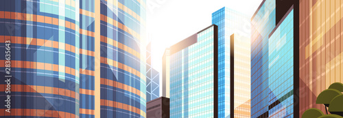 beautifil city street sunshine skyline high skyscrapers modern cityscape background flat horizontal closeup