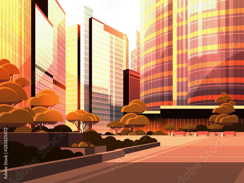 beautifil city street sunset skyline high skyscrapers modern cityscape background flat horizontal