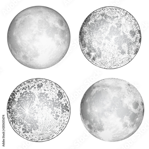Valokuva Set of realistic full moon and moon stipple drawing