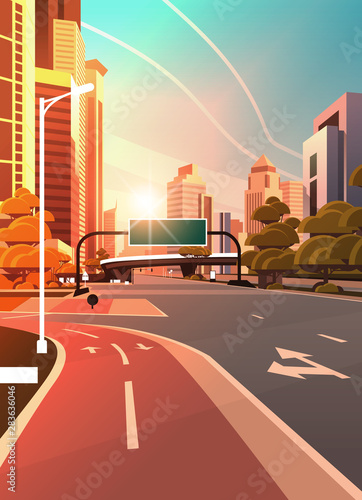 asphalt road with bike cycling lane path information banner traffic signs city skyline modern skyscrapers cityscape sunset background flat vertical