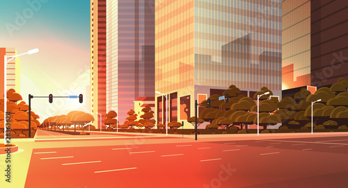 asphalt road with marking arrows traffic signs city skyline modern skyscraper cityscape sunset background flat horizontal closeup