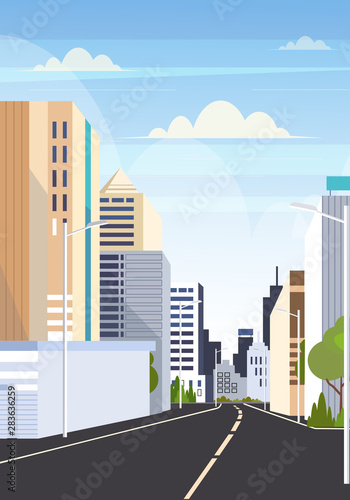 highway asphalt road city skyline modern buildings high skyscrapers cityscape background flat vertical