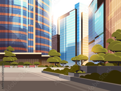 beautifil city street sunset skyline high skyscrapers modern cityscape background flat horizontal closeup