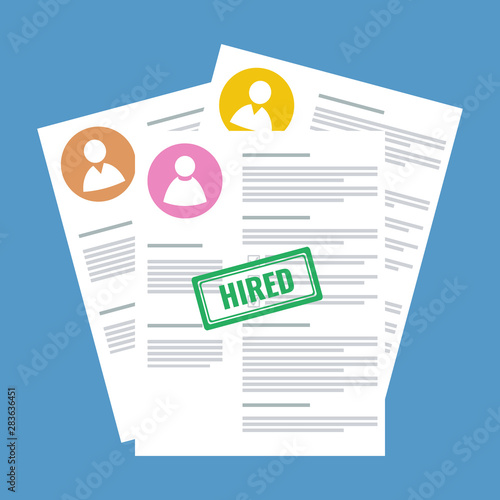 candidates resume stack with hired stamp, flat style vector illustration