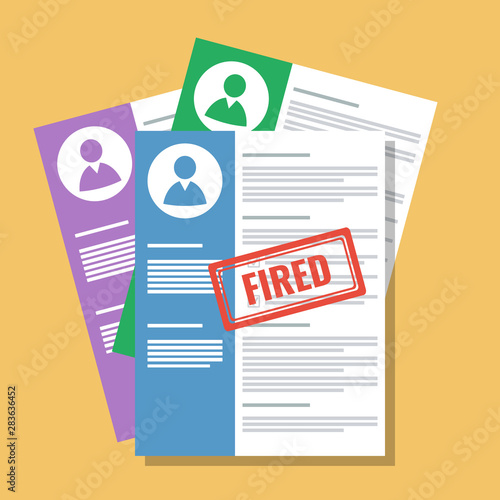 personnel files stack with fired stamp, flat style vector illustration