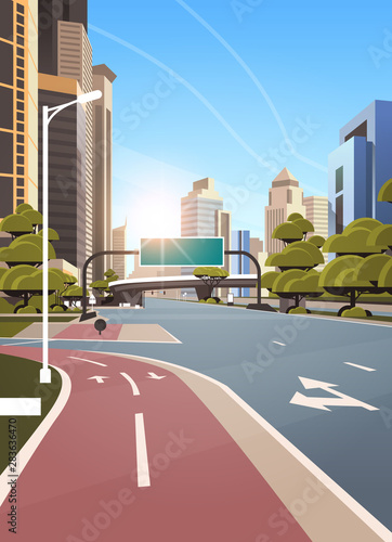asphalt road with bike cycling lane path information banner traffic signs city skyline modern skyscrapers cityscape sunshine background flat vertical