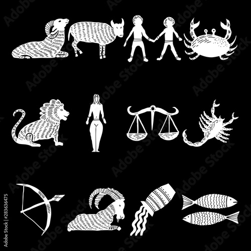 Zodiac for horoscope icon set. Usable for mystic  occult  palmistry and witchcraft alchemy. Vector