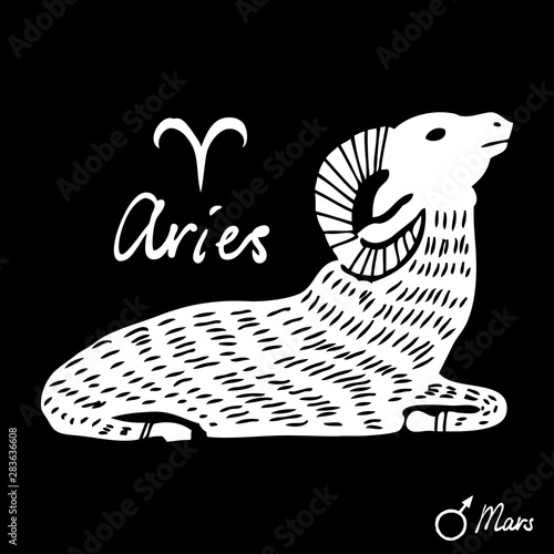 Hand drawn zodiac constellations symbol and sign Aries, Mars illustration picture planet and symbol written name. Usable for mystic occult palmistry and witchcraft alchemy. Vector