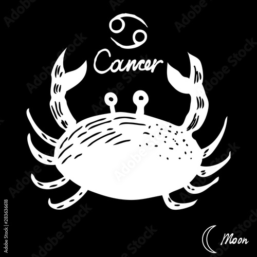 Hand drawn zodiac constellations symbol and sign Cancer, Moon illustration picture planet and symbol written name. Usable for mystic occult palmistry and witchcraft alchemy. Vector