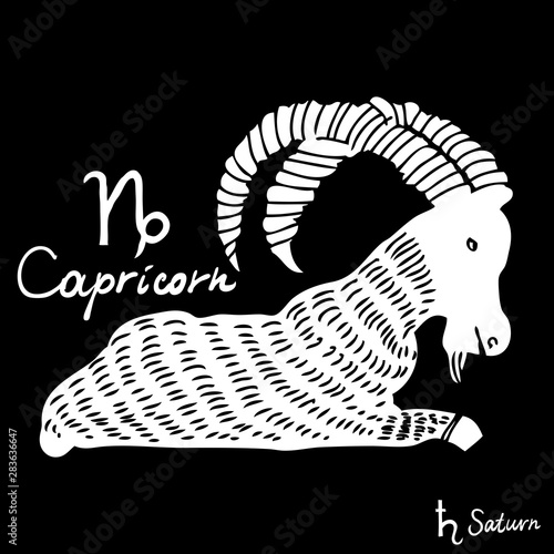 Hand drawn zodiac constellations symbol and sign Capricorn, Saturn illustration picture planet and symbol written name. Usable for mystic occult palmistry and witchcraft alchemy. Vector