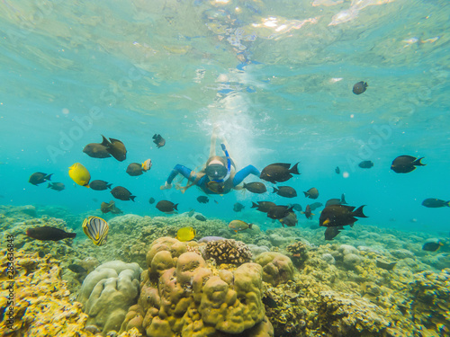 Happy woman in snorkeling mask dive underwater with tropical fishes in coral reef sea pool. Travel lifestyle  water sport outdoor adventure  swimming lessons on summer beach holiday