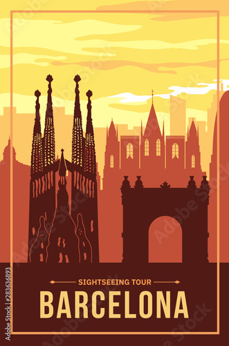 Placard with famous Barcelona city scape.