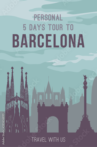 Placard with famous Barcelona city scape.