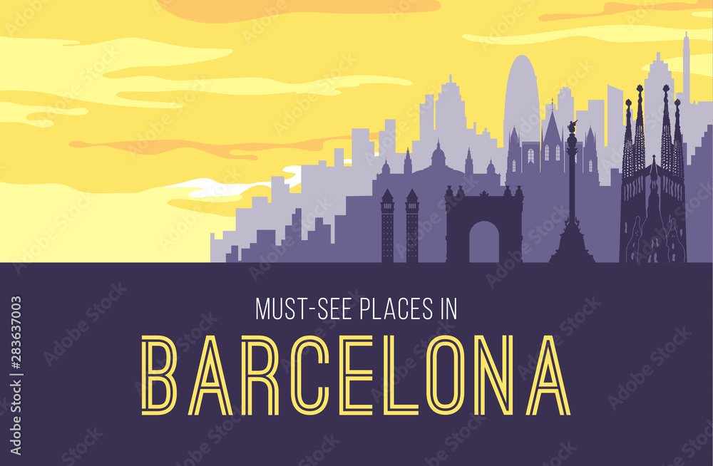 Placard with famous Barcelona city scape. - obrazy, fototapety, plakaty 