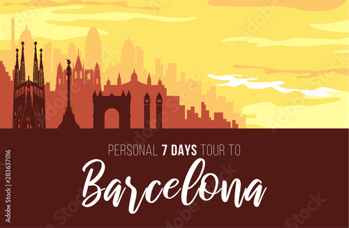 Placard with famous Barcelona city scape.