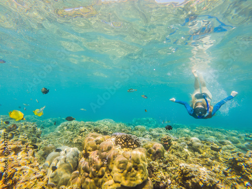 Happy woman in snorkeling mask dive underwater with tropical fishes in coral reef sea pool. Travel lifestyle, water sport outdoor adventure, swimming lessons on summer beach holiday