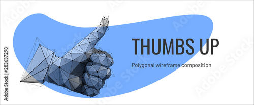 Hand, big finger up. Low poly wireframe mesh style. Approval or voting or hype concept. Abstract Thumb up isolated on white background. Particles are connected in a geometric silhouette