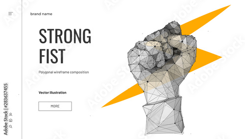 Lightning in fist. Low poly wireframe style. Business concept of force or power. Polygonal geometric fist. Abstract fist isolated on white background. Particles are connected in a geometric silhouette