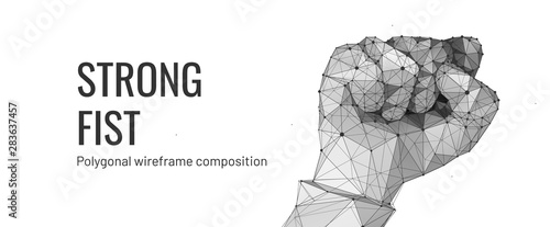 Fist. Low poly wireframe style. Business concept of force or power. Starry sky or constellation fist. Abstract fist isolated on white background. Particles are connected in a geometric silhouette