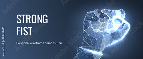 Gesture hands. Geometric polygon wireframe style. Business concept of force or power. Starry sky or constellation fist. Abstract fist isolated on blue background. Plexus lines and points in silhouette