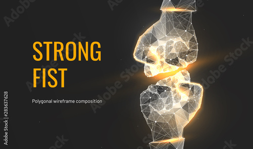 Gold fist. Geometric polygon wireframe style. Concept rivalry or competitors or team. Starry sky or constellation fist. Abstract fist isolated on dark background. Plexus lines and points in silhouette