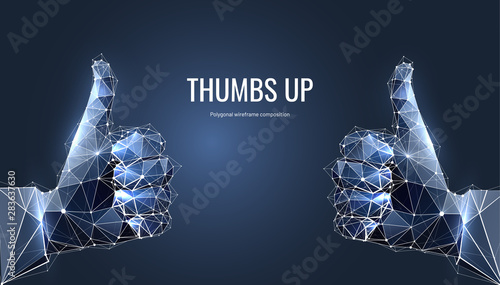 Hand, Thumb up. Low polygon wireframe style. Abstract isolated on blue background. Gesture hands in the form of a starry sky. Development approval symbol. Plexus lines and points in silhouette.