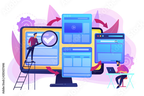 Digital technology. Search engine optimization. Website constructor. Microsite development, small web page, microsite web design concept. Bright vibrant violet vector isolated illustration