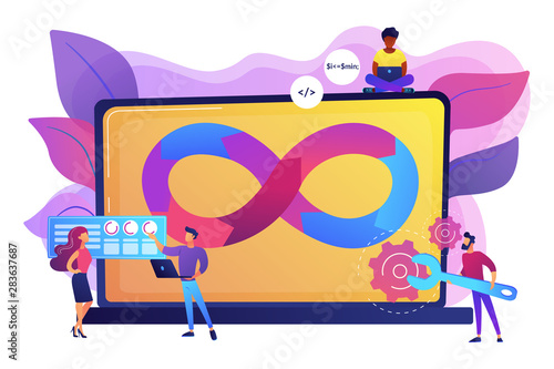 Programmers working on project. Website development methodology. Technical support. DevOps team, software development team, DevOps workflow concept. Bright vibrant violet vector isolated illustration