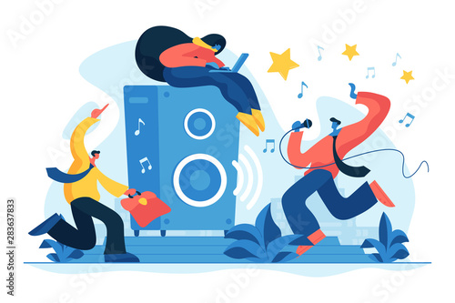 Corporate party and team building. Employees relaxing in modern office. Rest breaks at work, office fun and games and stress management concept. Vector isolated concept creative illustration photo