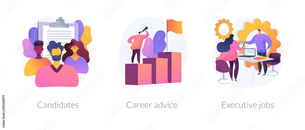 Recruitment and headhunting agency, employment service icons set. Employees hiring. Candidates, career advice, executive jobs metaphors. Vector isolated concept metaphor illustrations - obrazy, fototapety, plakaty 