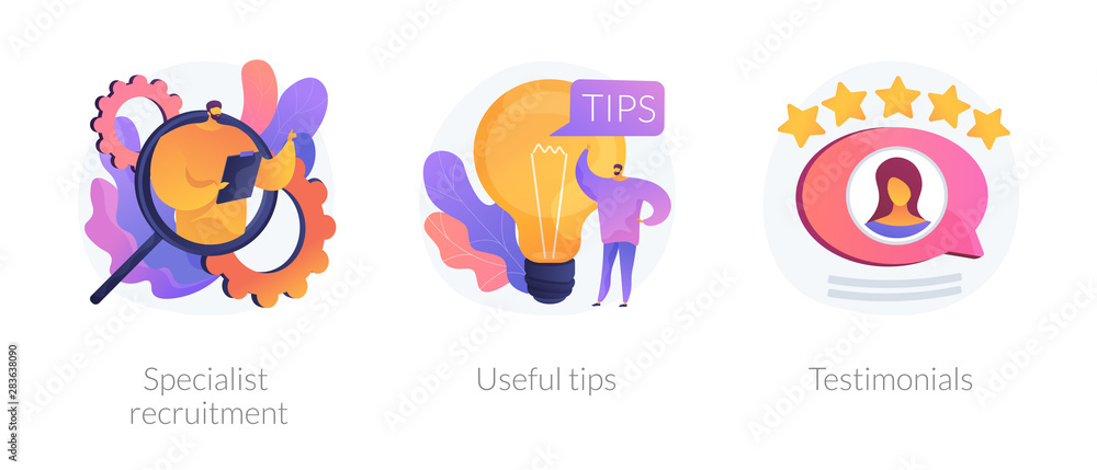 Customer feedback, online service rating web icons set. Helpful information and support. Specialist recruitment, useful tips, testimonials metaphors. Vector isolated concept metaphor illustrations