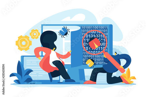 Programmers catching bugs. Service company checking system errors. IT software application testing, quality assurance, QA team and bug fixing concept. Vector isolated concept creative illustration