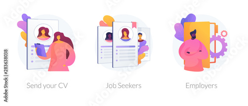Job searching. Employment service, recruitment agency. Resume writing, finding work. Vacant position. Send your CV, job seekers, employers metaphors. Vector isolated concept metaphor illustrations