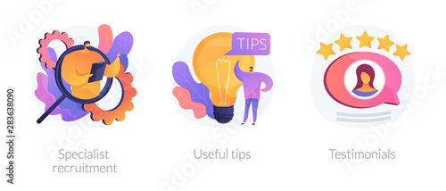 Customer feedback, online service rating web icons set. Helpful information and support. Specialist recruitment, useful tips, testimonials metaphors. Vector isolated concept metaphor illustrations
