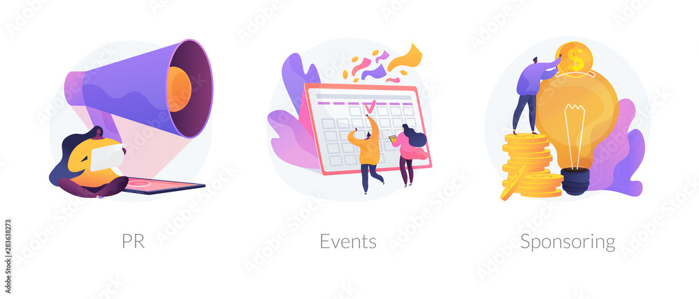 Marketing campaign, workflow planning and time management. Business funding, money investing cliparts set. PR, events, sponsoring metaphors. Vector isolated concept metaphor illustrations