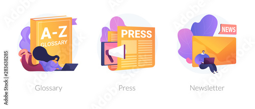 Internet chatting and emails sharing web banners set. Mass media, online daily news magazine subscription. Glossary, press, newsletter metaphors. Vector isolated concept metaphor illustrations