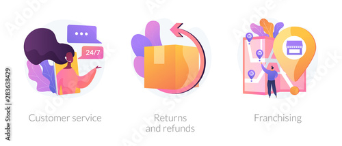 Internet shop clients support, call center. Orders shipment and delivery. Marketing network. Custom service, returns and refunds, franchising metaphors. Vector isolated concept metaphor illustrations