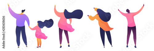 People standing together flat vector illustrations set. Young men, women and little child cartoon characters. Father and daughter holding hands rear view. Family and african american couple