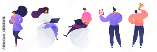 Freelancer working on laptop vector illustrations set. Coworking center, creative teamwork, business partners launching startup. Office worker, employee working on project isolated cartoon characters