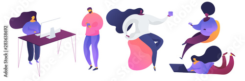 Coworking space, office worker on rest break vector illustration set. Employee at workplace working on laptop, coworker chatting online. Colleagues talking, having fun isolated cartoon characters