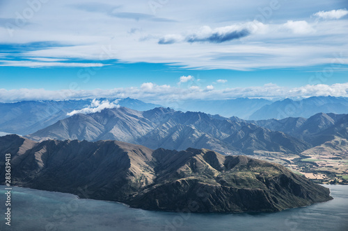 Mountain lake landscape top view from roys peak hike in Wanaka  New Zealand