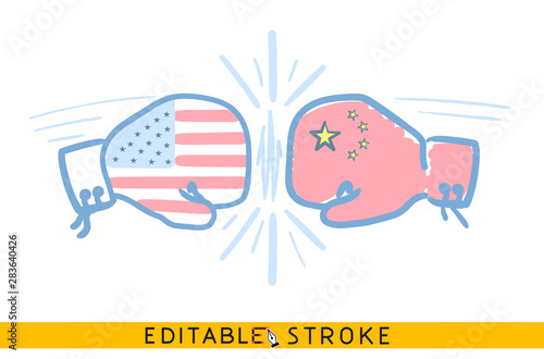 Fight between US and China. Boxers gloves with Chinese and American symbols hit each other. Politics illustration concept. Easy editable stroke thin line icon. vector.