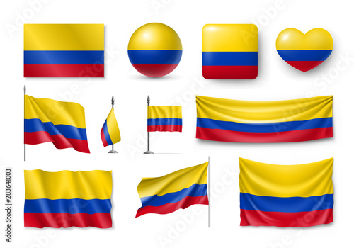 Various flags of Colombia independent country set. Realistic waving national flag on pole, table flag and different shapes badges. Patriotic colombian rendering symbols isolated vector illustration.