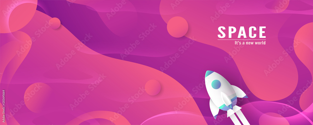 Rocket is flying in galaxy space of the universe. Abstract gradient background in liquid and fluid style. Trend creation of the world. 3D illustration template design.