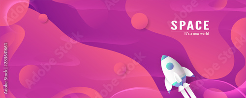 Rocket is flying in galaxy space of the universe. Abstract gradient background in liquid and fluid style. Trend creation of the world. 3D illustration template design.