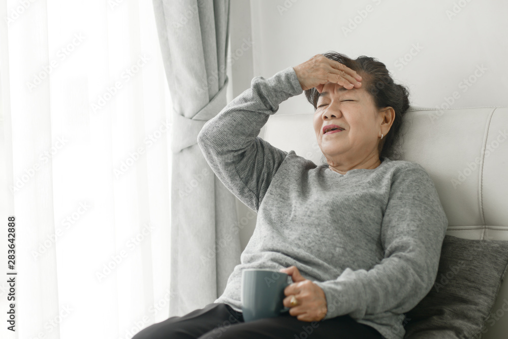 Asian senior woman having headache at home, health care concept. Asian senior woman having headache at home, health care concept.