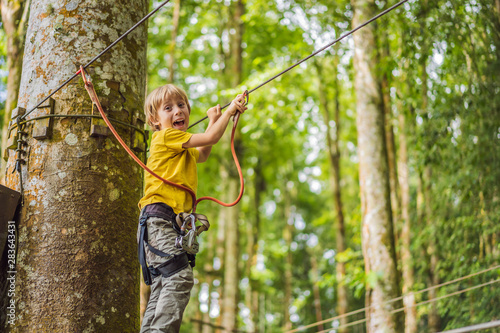 Little boy in a rope park. Active physical recreation of the child in the fresh air in the park. Training for children